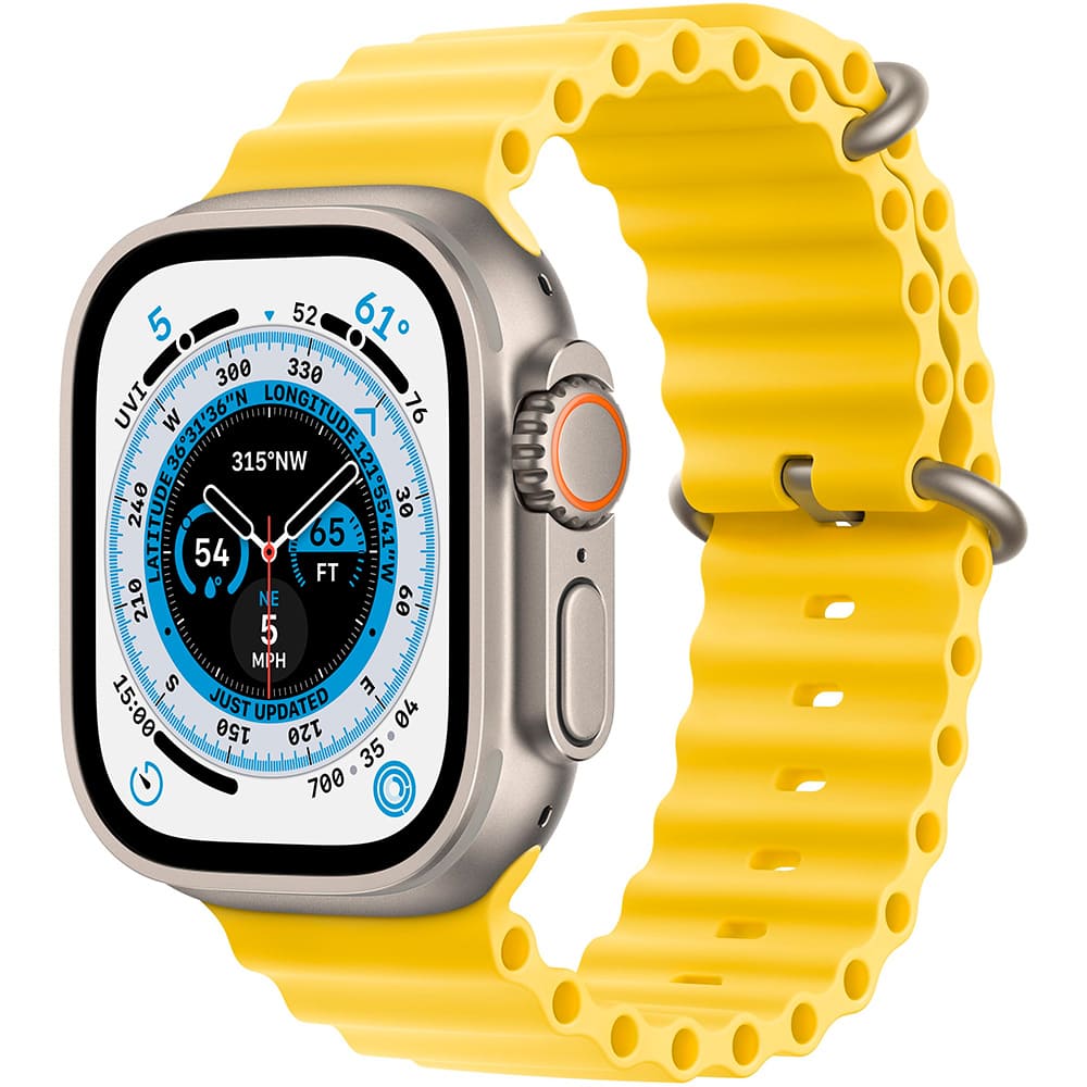 Фото — Apple Watch Ultra GPS + Cellular, 49 мм, корпус из титана, ремешок Ocean желтого цвета