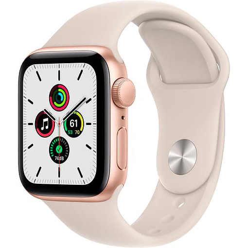 Фото — Apple Watch SE, 40 мм, алюминий золотого цвета, спортивный ремешок цвета «сияющая звезда»