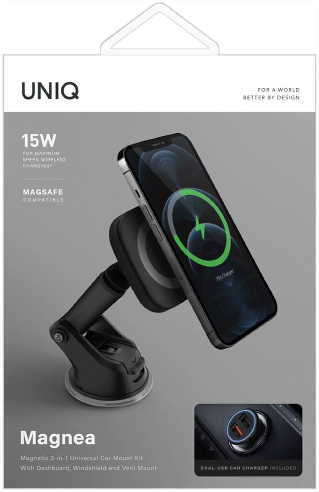 Фото — Автомобильный держатель Uniq Magnea Magnetic 15W с беспроводной зарядкой, темно-серый