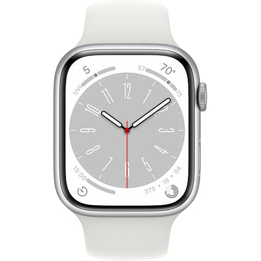 Фото — Apple Watch Series 8, 45 мм, корпус из алюминия серебристого цвета, ремешок серебристого цвета, S/M