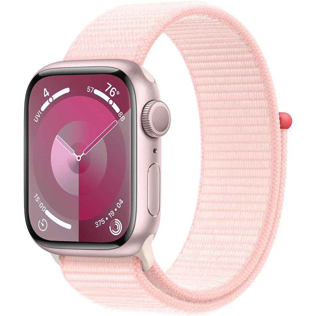 Фото — Apple Watch Series 9, 41 мм, корпус из алюминия розового цвета, плетеный ремешок