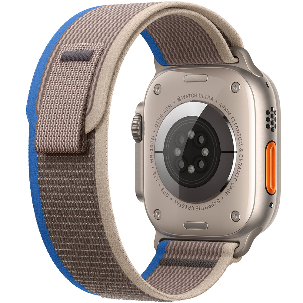 Фото — Apple Watch Ultra GPS + Cellular, 49 мм, корпус из титана, ремешок Trail синего/серого цвета S/M