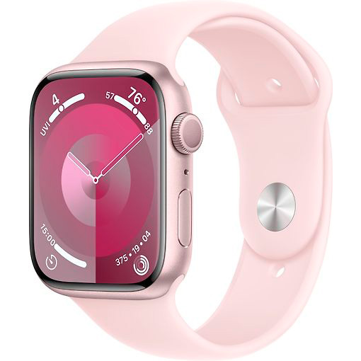 Фото — Apple Watch Series 9, 45 мм, корпус из алюминия розового цвета, спортивный ремешок, S/M