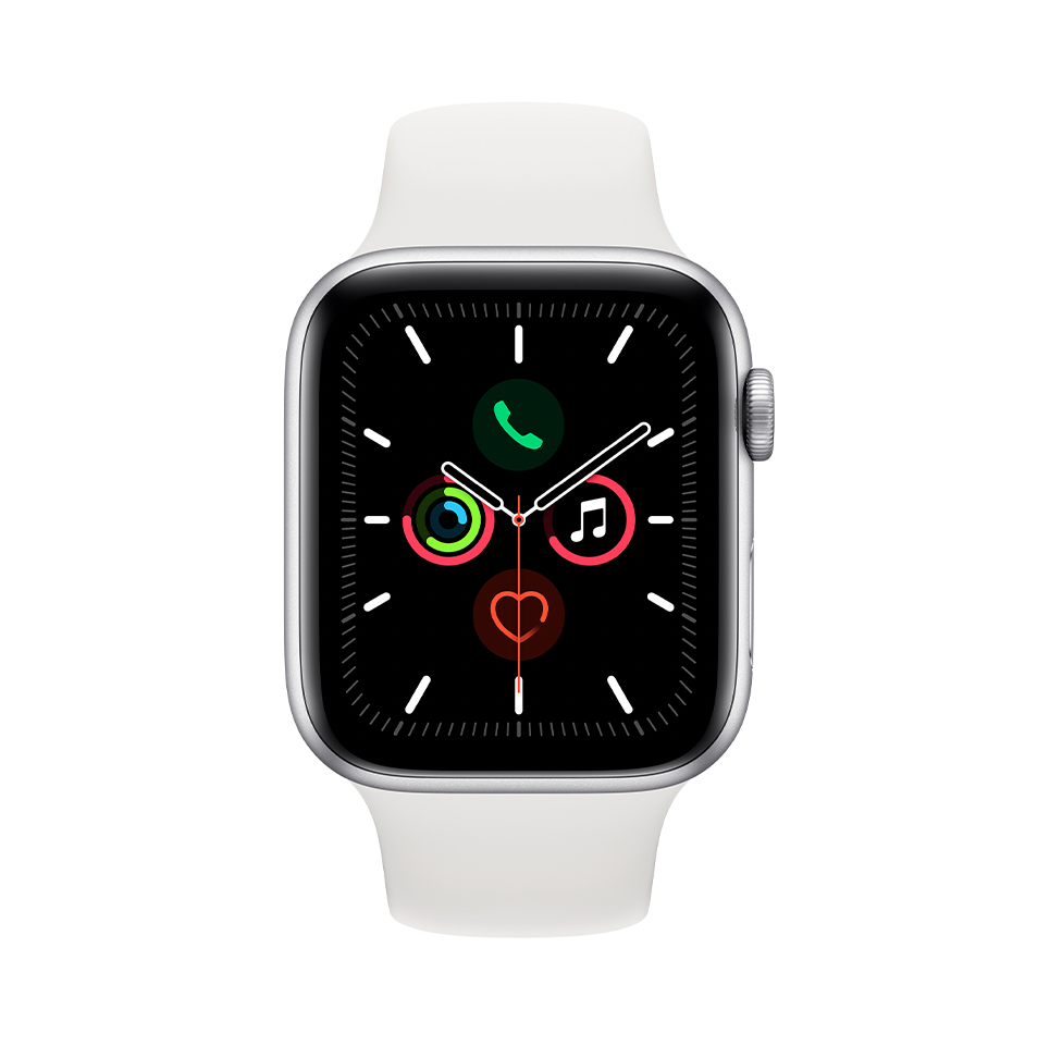 Фото — Apple Watch Series 5, 44 мм, алюминий серебристого цвета, спортивный ремешок белого цвета