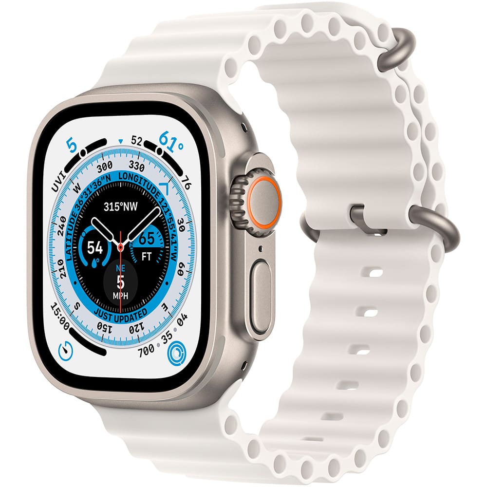 Фото — Apple Watch Ultra GPS + Cellular, 49 мм, корпус из титана, ремешок Ocean белого цвета