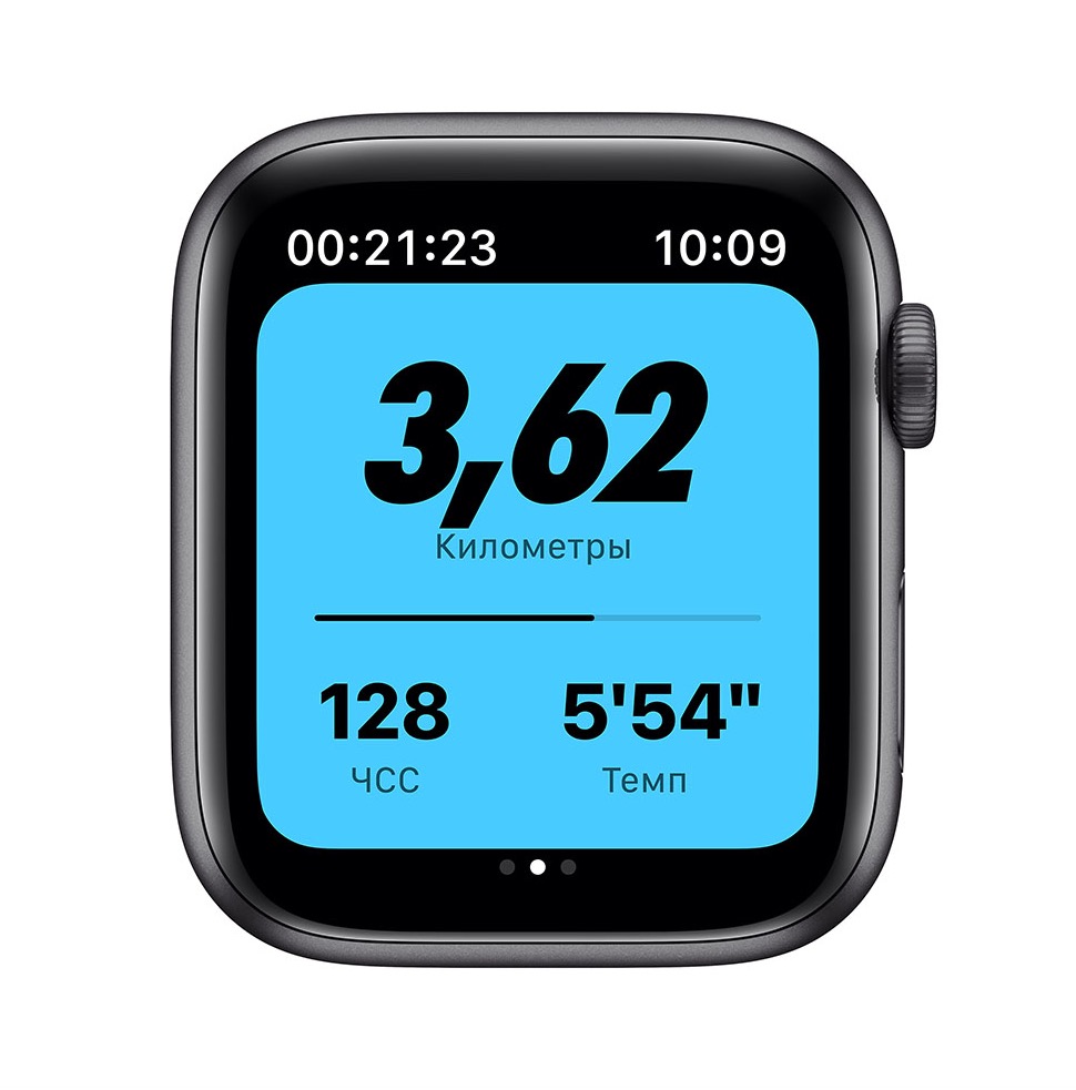 Фото — Apple Watch Nike SE, 44 мм, алюминий цвета «серый космос», ремешок Nike цвета «антрацитовый/черный»