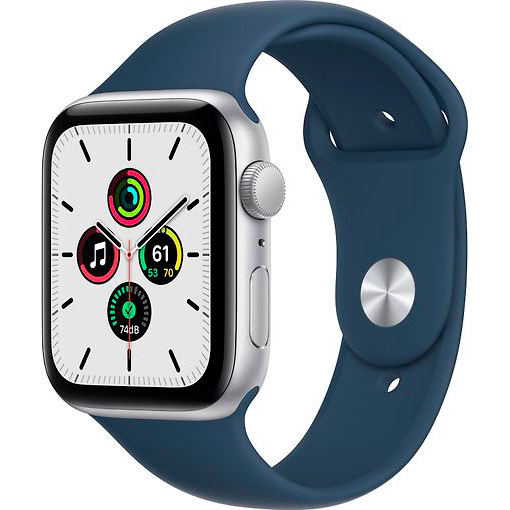 Apple Watch SE, 44 мм, корпус из алюминия серебристого цвета, спортивный ремешок цвета «синий омут»