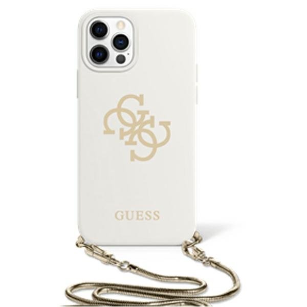Фото — Чехол для смартфона Guess для iPhone 12/12 Pro (6.1) Liquid silicone 4G Big logo Hard White +Gold chain