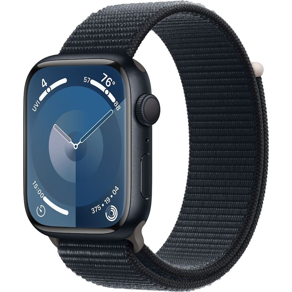 Фото — Apple Watch Series 9, 41 мм, корпус из алюминия цвета «тёмная ночь», плетеный ремешок