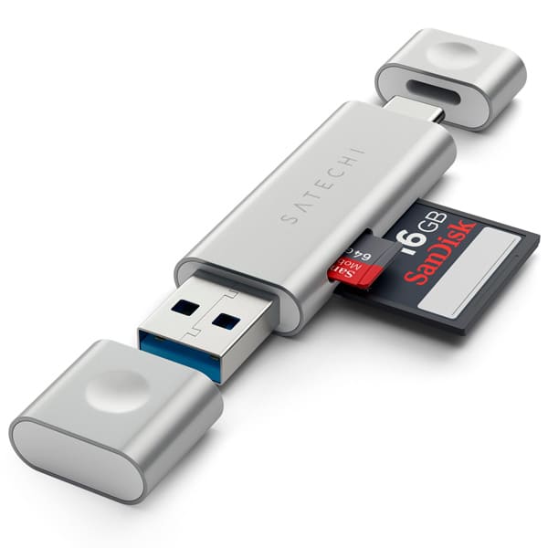 Фото — Адаптер Satechi Aluminum Type-C USB 3.0 and Micro/SD Card Reader, серебристый