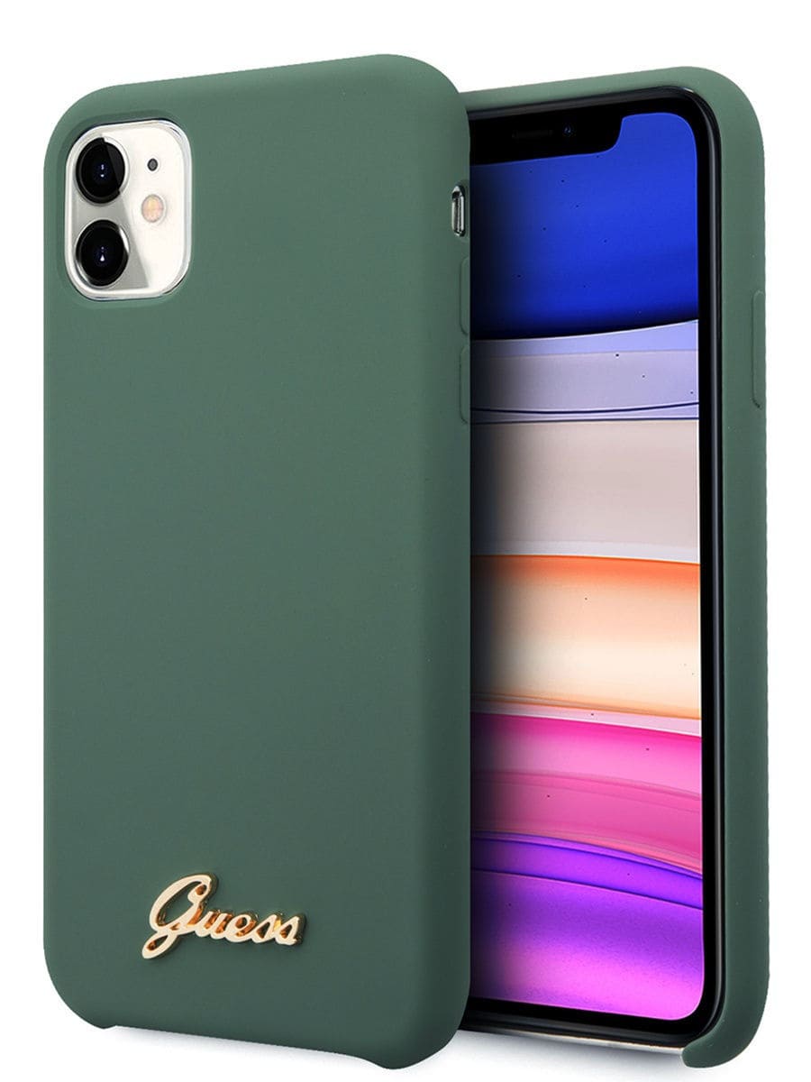 Фото — Чехол для смартфона Guess для iPhone 11 Silicone collection Gold metal logo Hard Green