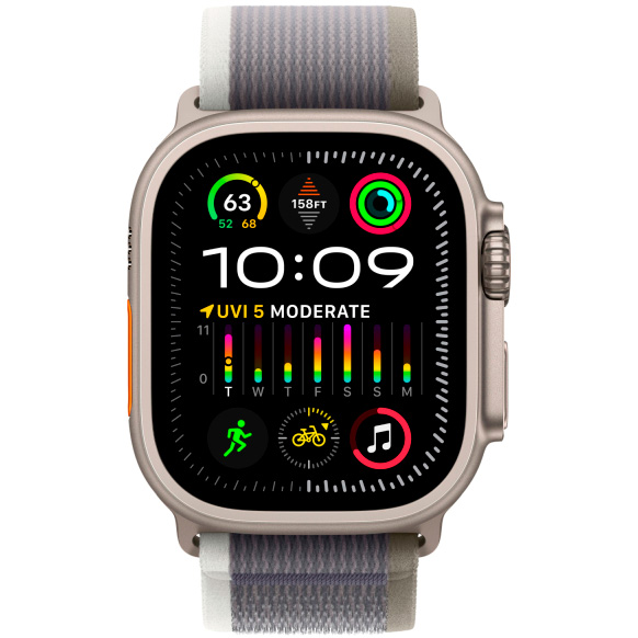 Фото — Apple Watch Ultra 2 GPS + Cellular, 49 мм, корпус из титана, ремешок Trail зеленого/серого цвета