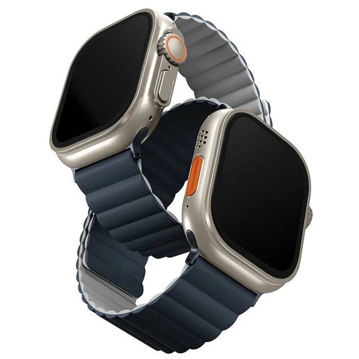 Фото — Ремешок для смарт-часов Uniq Apple Watch 49/45/44/42 mm Revix reversible Magnetic Storm, сине/серый