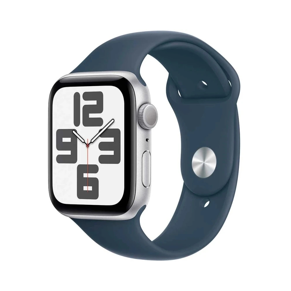 Фото — Apple Watch SE (2-е поколение 2023), 44 мм, алюминий серебристого цвета, ремешок синий, M/L