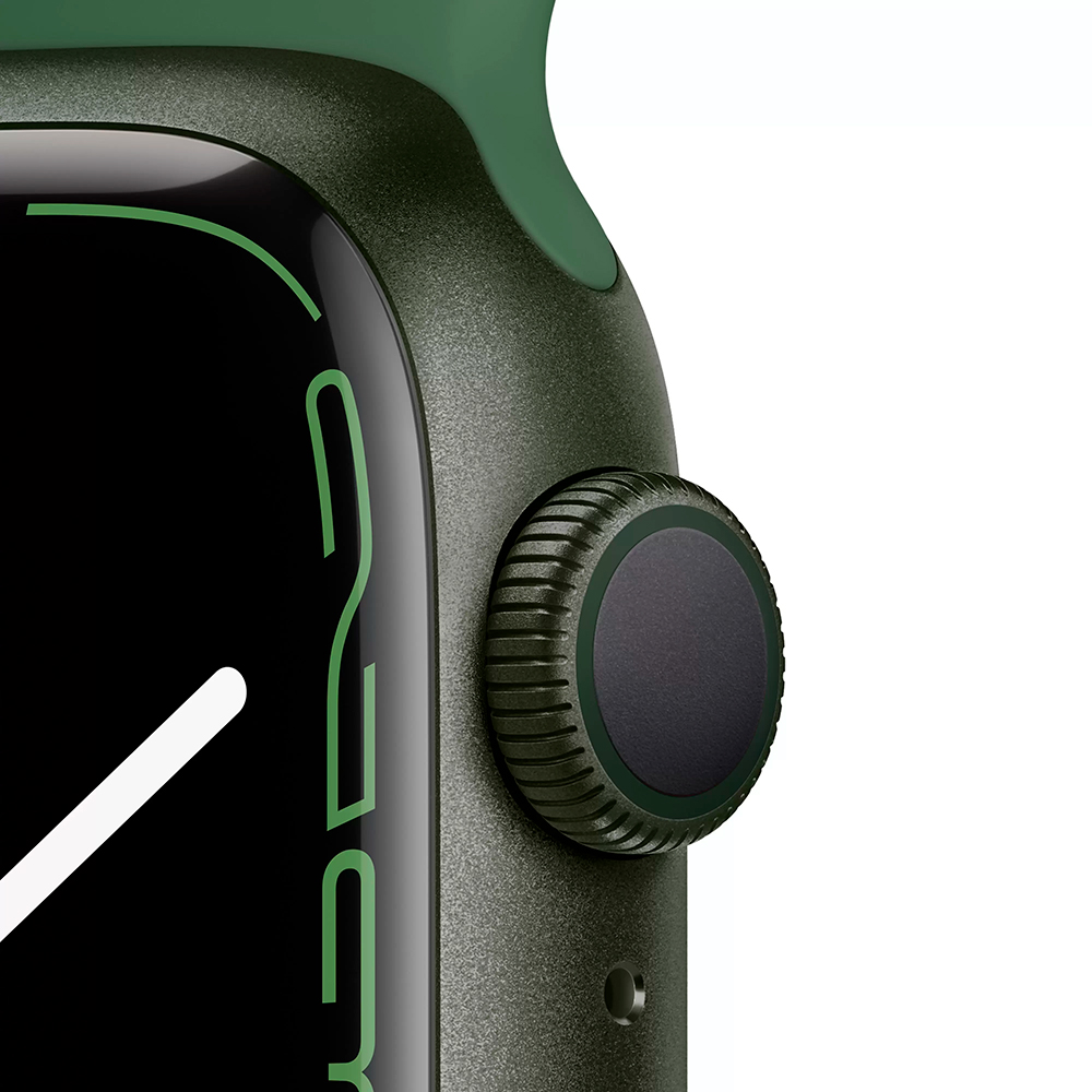 Фото — Apple Watch Series 7, 41 мм, корпус из алюминия зеленого цвета, спортивный ремешок «зелёный клевер»