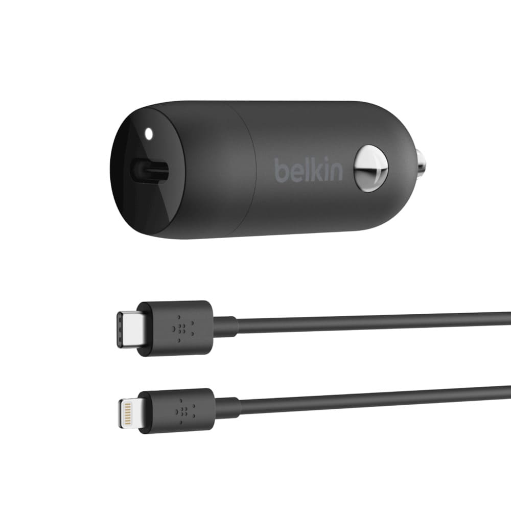 Фото — Автомобильное зарядное устройство Belkin USB-C + кабель USB-C - Lightning, 18Вт, черный