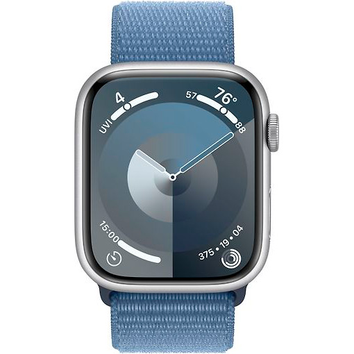 Фото — Apple Watch Series 9, 45 мм, корпус из алюминия серебристого цвета, плетеный ремешок синего цвета