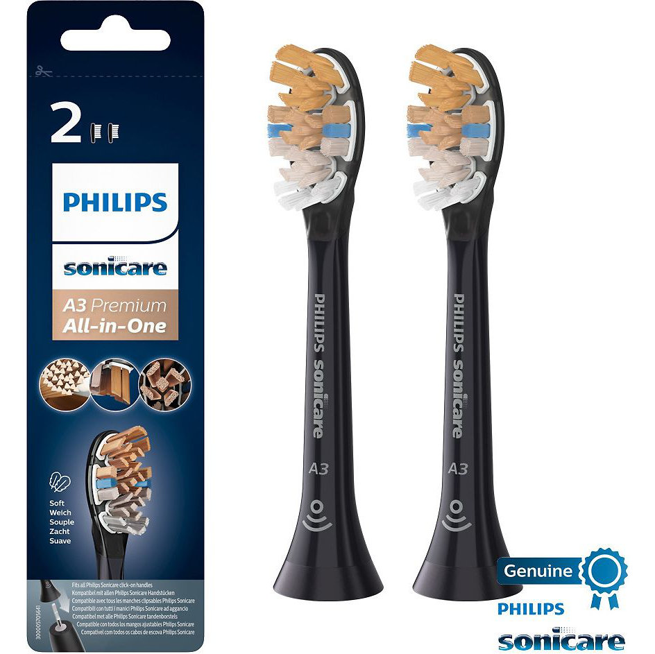 Фото — Насадки для зубной щетки Philips A3 Premium All-in-One, черный, 2 шт