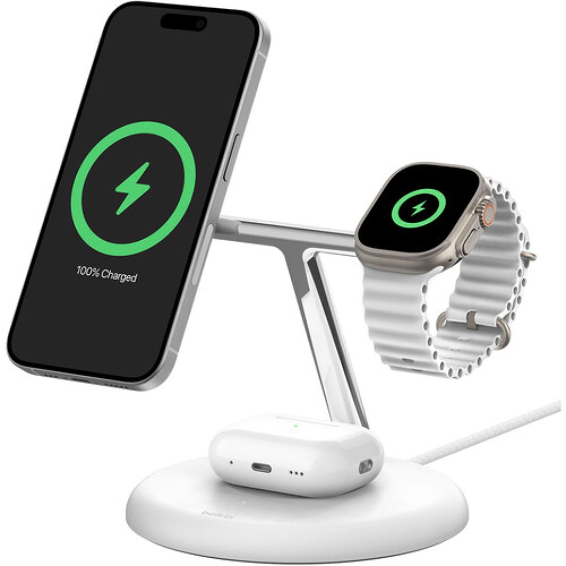 Фото — Зарядное устройство Belkin BoostCharge Pro 3-in-1 Magnetic Wireless Charging Stand with Qi2 15Вт, белый