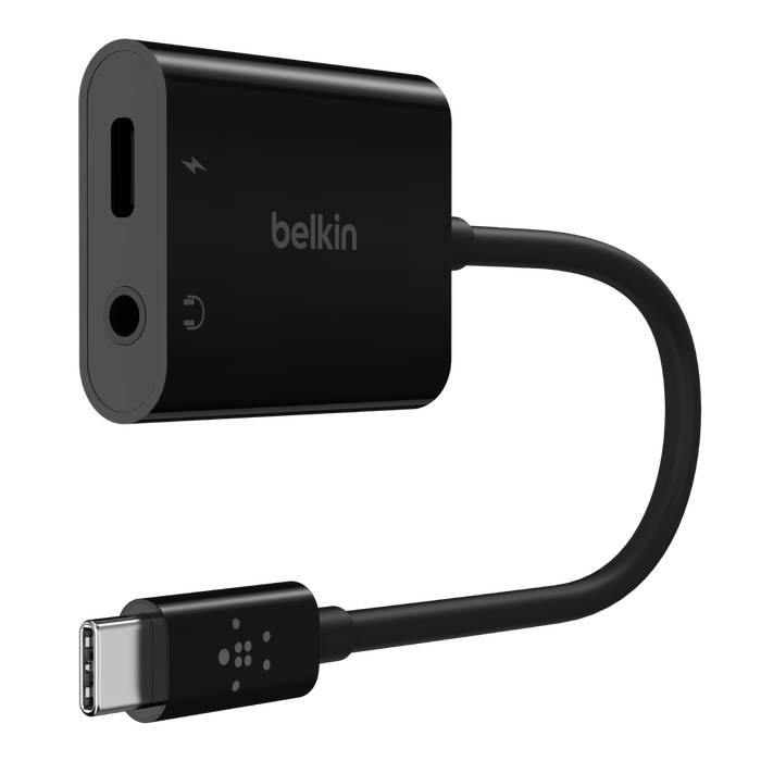 Фото — Адаптер Belkin RockStar 3.5mm Audio + USB-C Charge Adapter, черный (уценка)