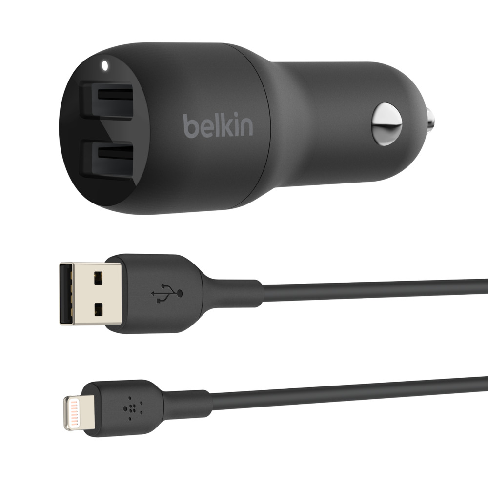 Фото — Автомобильное зарядное устройство Belkin 2хUSB-A + кабель USB-A - Lightning, 24В, 1м, черный