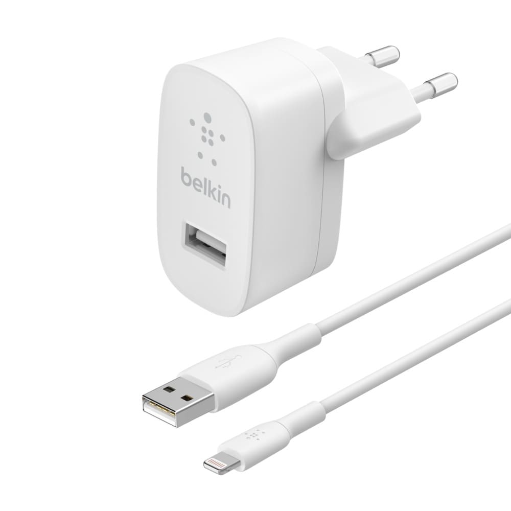 Фото — Сетевое зарядное устройство Belkin 12Вт, USB-A + кабель USB-A - Lightning (1м), белый
