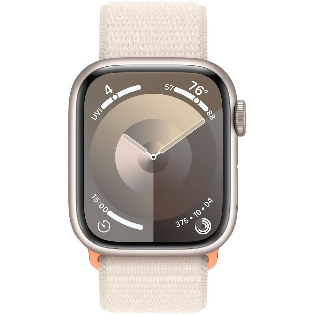 Фото — Apple Watch Series 9, 41 мм, корпус из алюминия цвета «сияющая звезда», плетеный ремешок