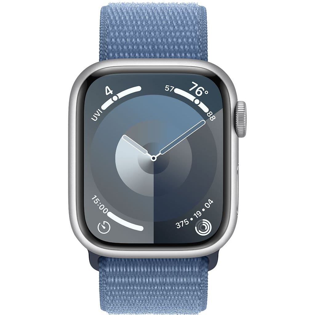 Фото — Apple Watch Series 9, 41 мм, корпус из алюминия серебристого цвета, плетеный ремешок синего цвета