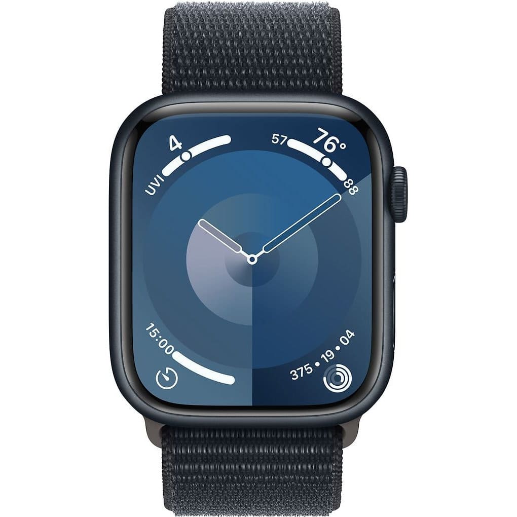 Фото — Apple Watch Series 9, 41 мм, корпус из алюминия цвета «тёмная ночь», плетеный ремешок