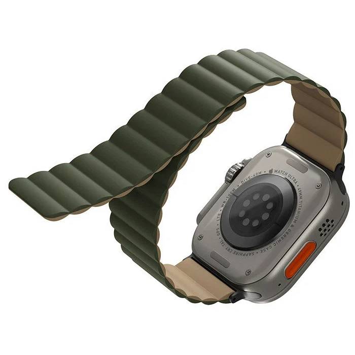 Фото — Ремешок для смарт-часов Uniq Apple Watch 49/45/44/42 mm Revix reversible Magnetic, зеленый/бежевый