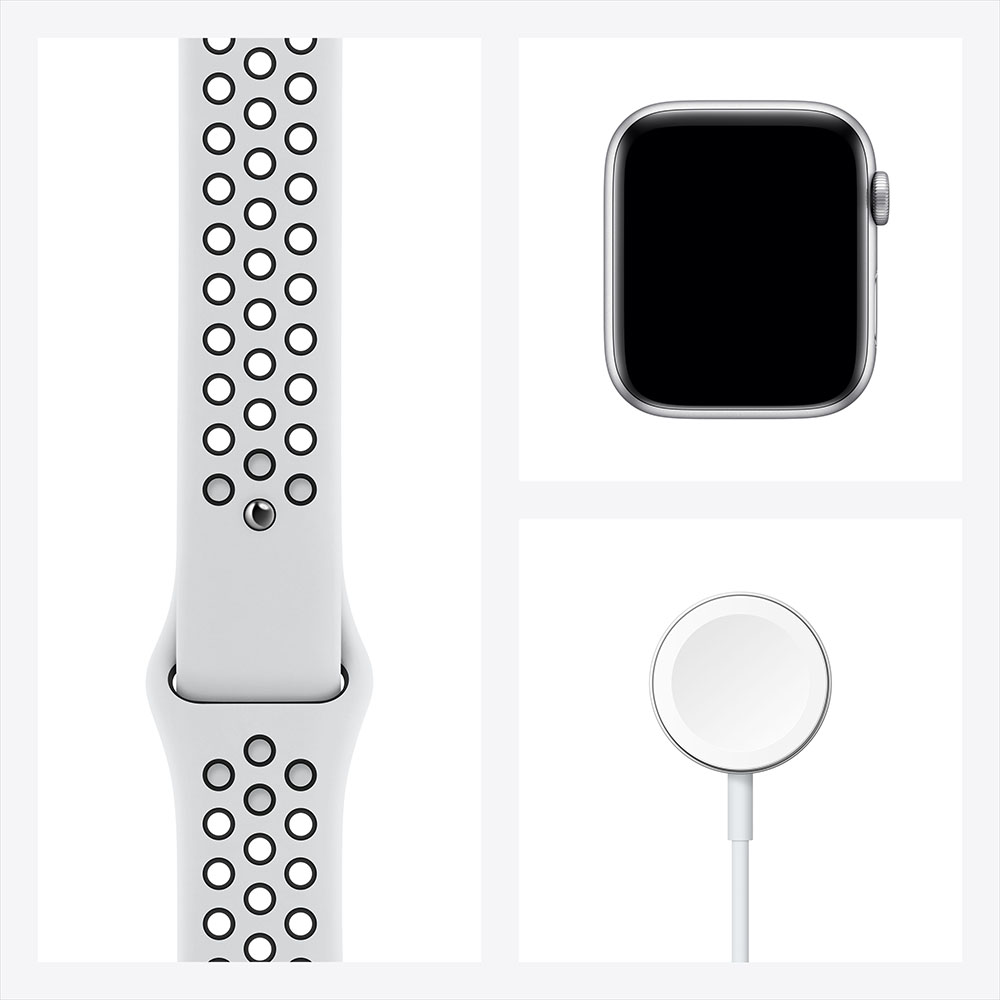 Apple Watch Nike SE, 44 мм, алюминий серебристого цвета, ремешок Nike «чистая платина/черный»