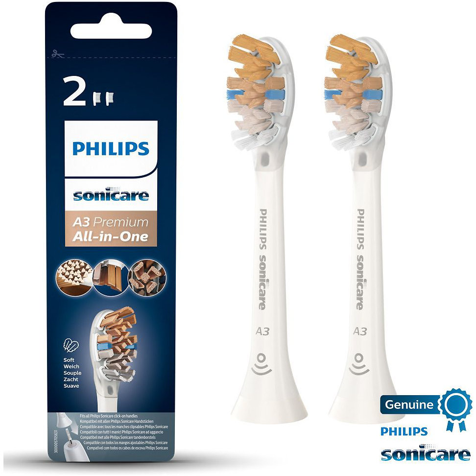 Фото — Насадки для зубной щетки Philips A3 Premium All-in-One, белый, 2 шт