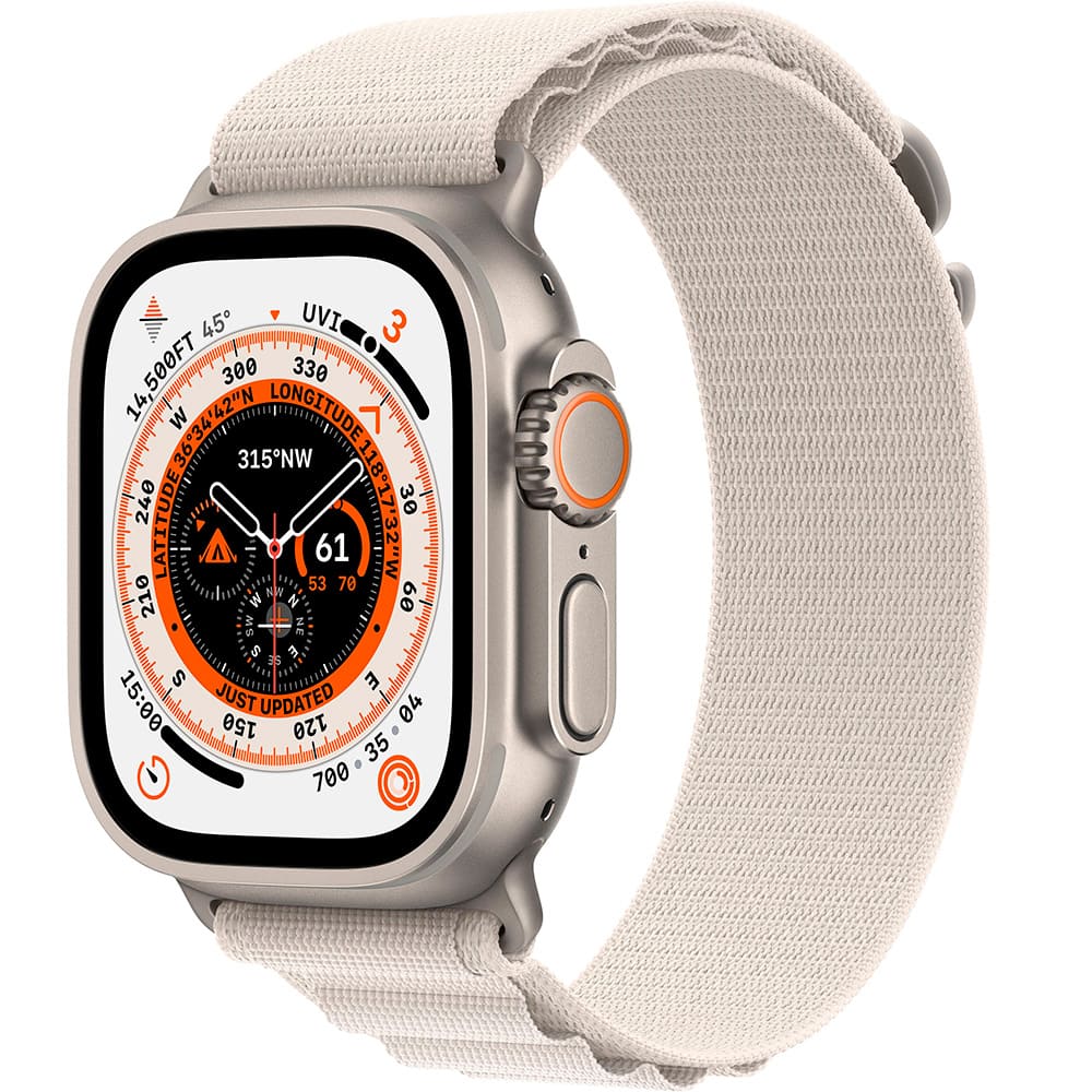 Фото — Apple Watch Ultra GPS + Cellular, 49 мм, корпус из титана, ремешок Alpine цвета «сияющая звезда» L
