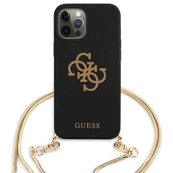 Фото — Чехол для смартфона Guess для iPhone 12 Pro Max (6.7) Liquid silicone 4G Big logo Hard Black + Gold chain