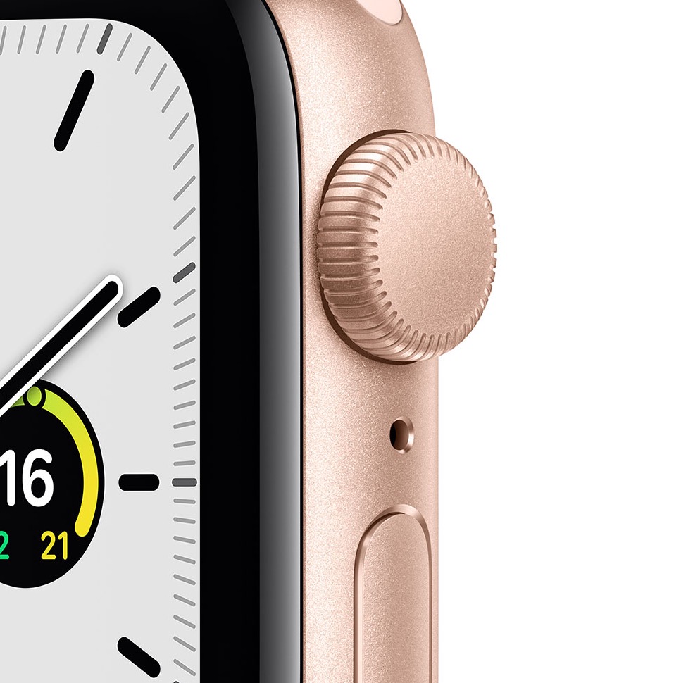 Фото — Apple Watch SE, 40 мм, алюминий золотого цвета, спортивный ремешок цвета «розовый песок»