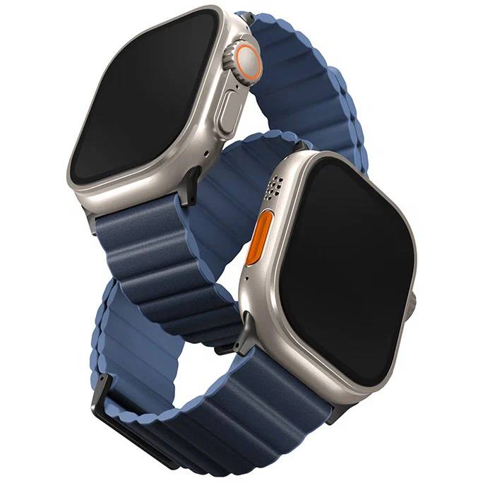 Фото — Ремешок для смарт-часов Uniq Apple Watch 49/45/44/42 mm Revix Premium Ed. Leather/Silicone, голубой