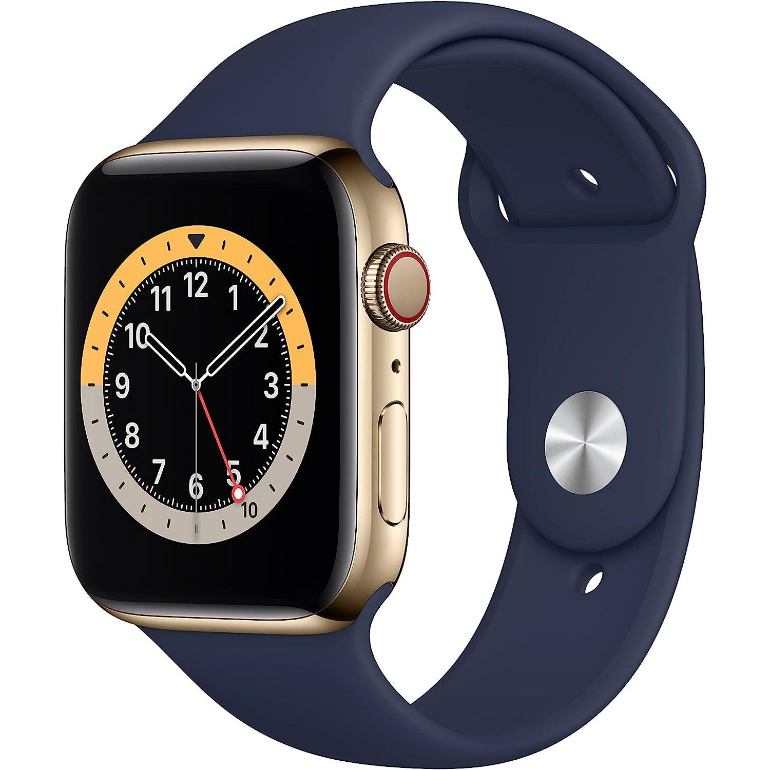 Фото — Apple Watch Series 6 GPS + Cellular, 44 мм, сталь золотого цвета, спортивный ремешок синий