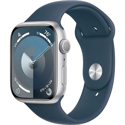 Фото — Apple Watch Series 9, 45 мм, корпус из алюминия серебристого цвета, спортивный ремешок, S/M