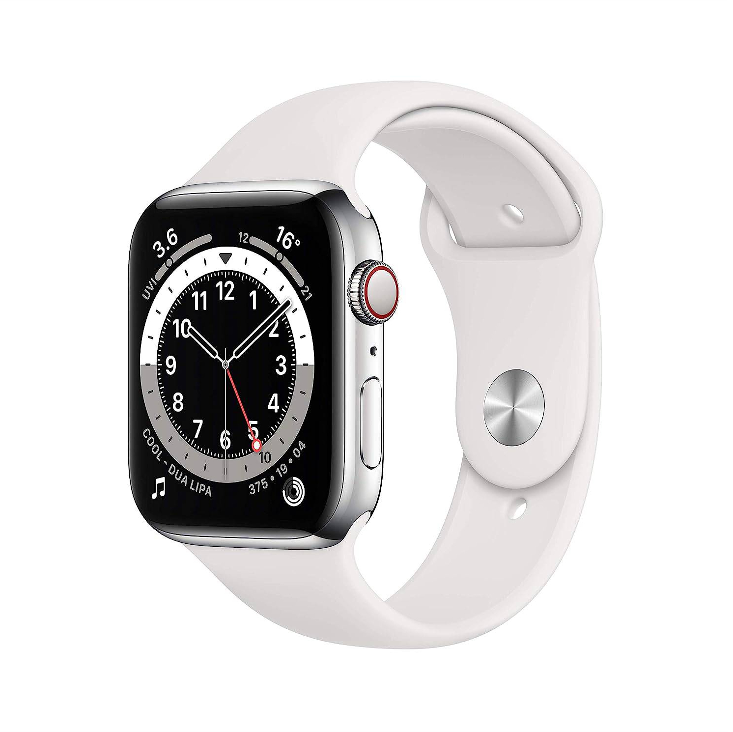 Фото — Apple Watch Series 6 GPS + Cellular, 44 мм, сталь серебристого цвета, спортивный ремешок белый