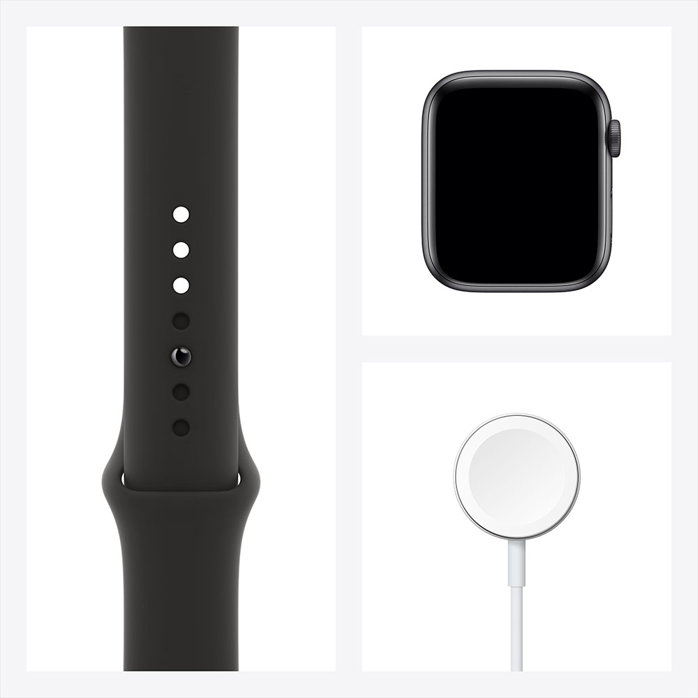 Фото — Apple Watch Series 6, 44 мм, алюминий цвета «серый космос», спортивный ремешок черного цвета