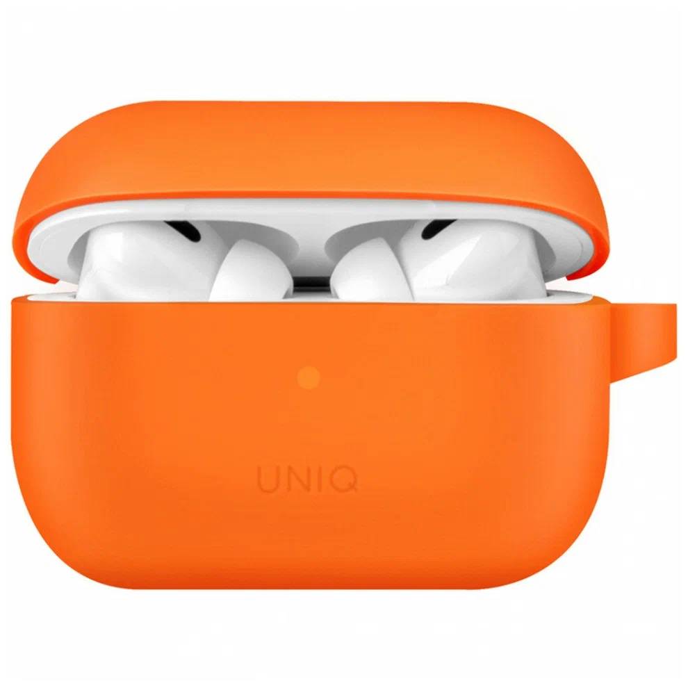 Фото — Чехол для наушников Uniq Airpods Pro 2 Vencer Silicone case + carabin and earstrap, оранжевый