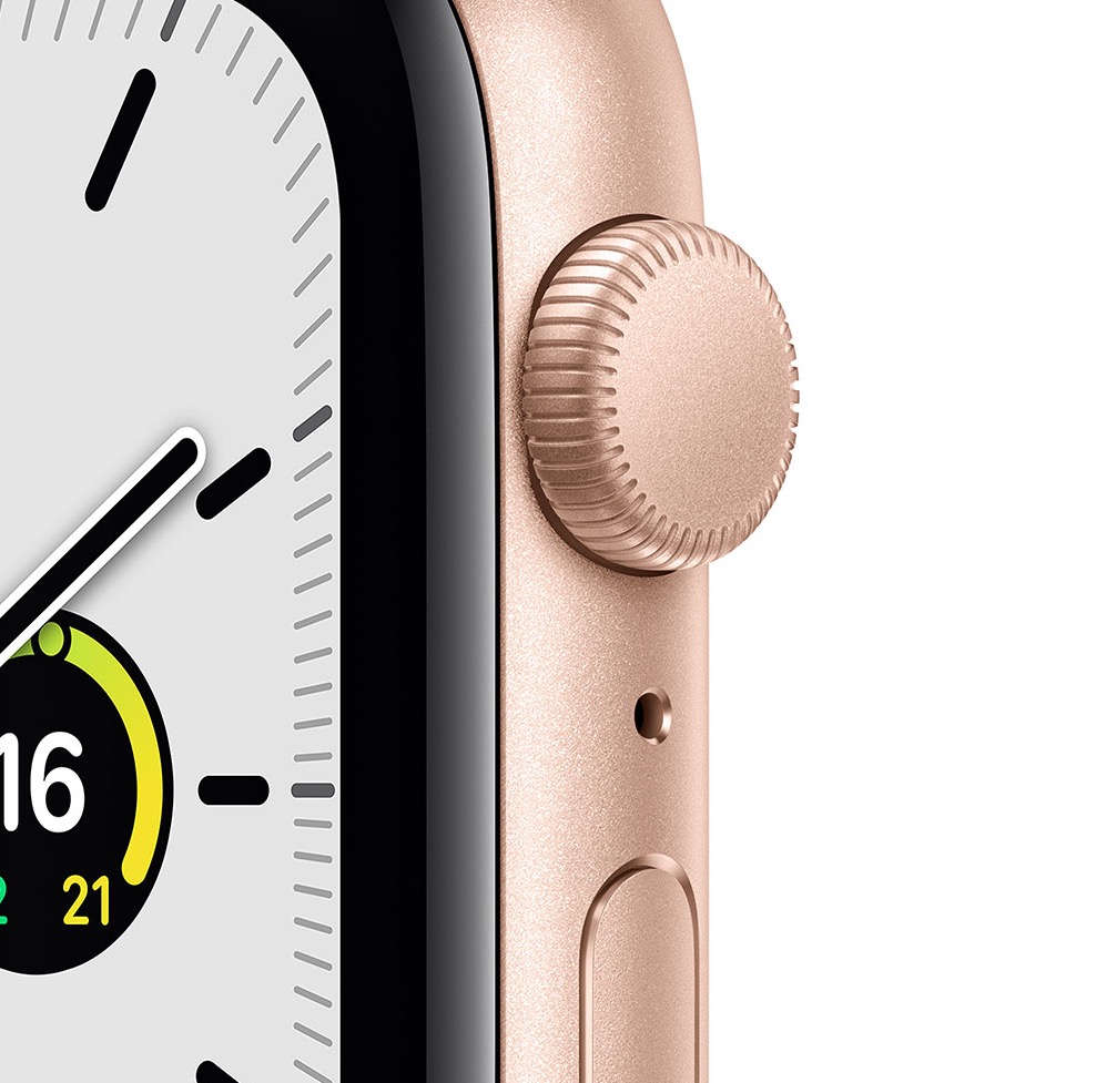 Фото — Apple Watch SE, 44 мм, алюминий золотого цвета, спортивный ремешок цвета «сияющая звезда»