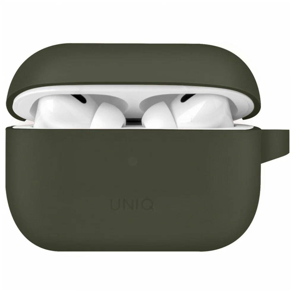 Фото — Чехол для наушников Uniq Airpods Pro 2 Vencer Silicone case + carabin and earstrap, зеленый