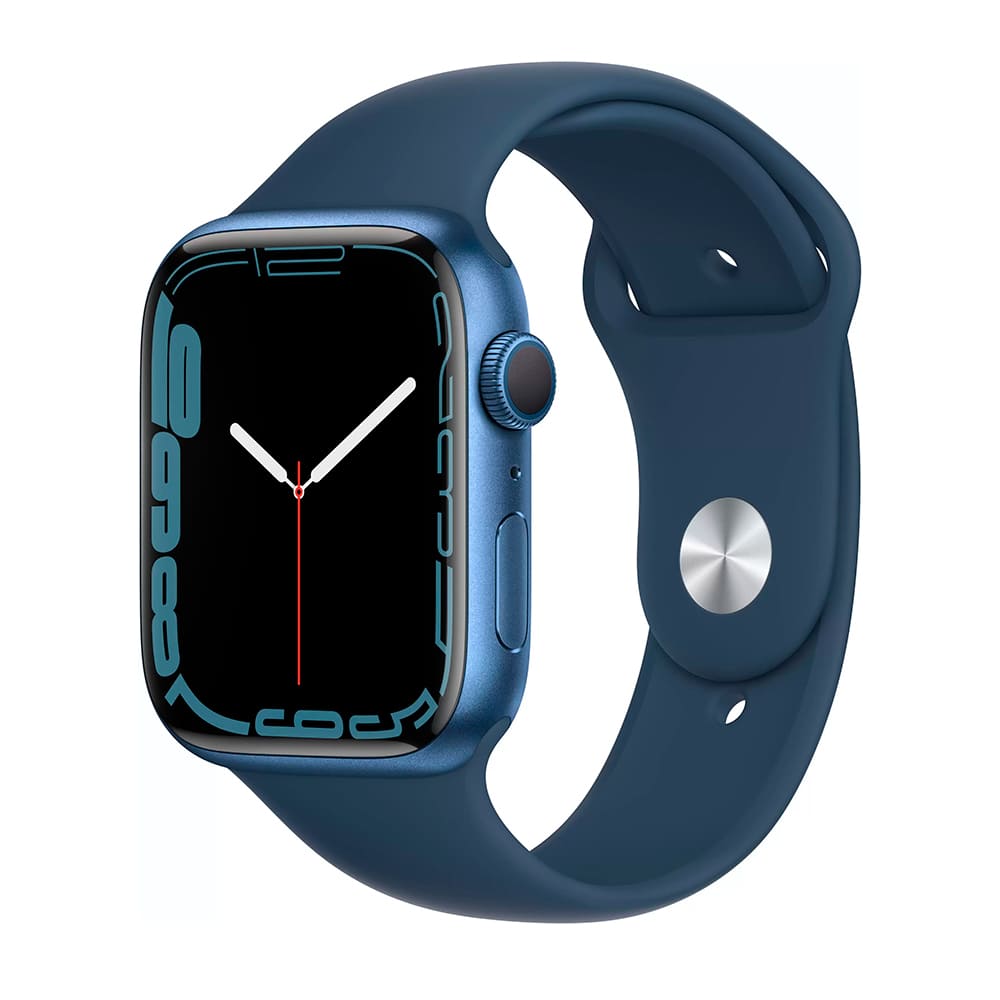 Фото — Apple Watch Series 7, 45 мм, корпус из алюминия синего цвета, спортивный ремешок «синий омут»
