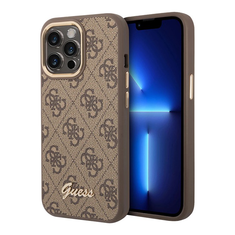 Фото — Чехол для смартфона iPhone 14 Pro Guess PU 4G Script metal logo with MagSafe, коричневый