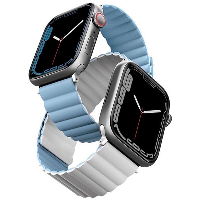 Фото — Ремешок для смарт-часов Uniq Revix Reversible для Apple Watch 45/44/42 mm, Magnetic, белый/синий