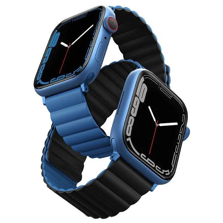 Фото — Ремешок для смарт-часов Uniq Apple Watch 49/45/44/42 mm Revix reversible Magnetic Caspian, синий/черный