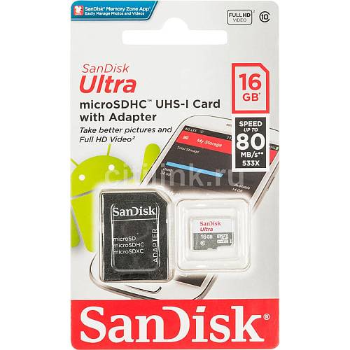 Карта памяти Sandisk Ultra microSDHC + SD Adapter, 16 ГБ, 80 МБ/с Class 10