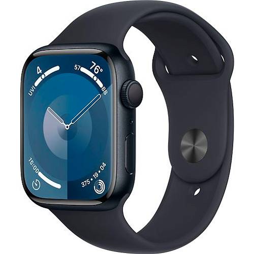Apple Watch Series 9, 45 мм, корпус из алюминия цвета «тёмная ночь», спортивный ремешок, S/M