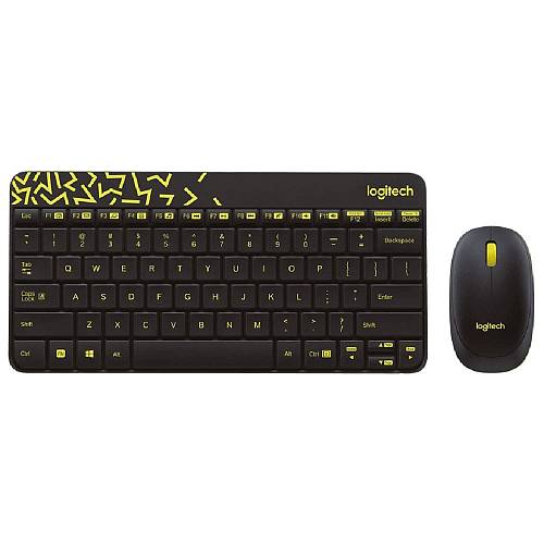 Клавиатура и мышь Logitech MK240, USB, беспроводной, черный и жёлтый